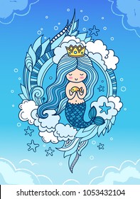 Cute little mermaid with fish, crown and long blue hair, surrounded by clouds, seaweeds. Vector colored illustration for card, postcard, poster, banner, print, invitation.