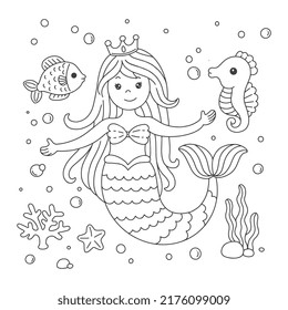 Cute little mermaid with fish and seahorse coloring page