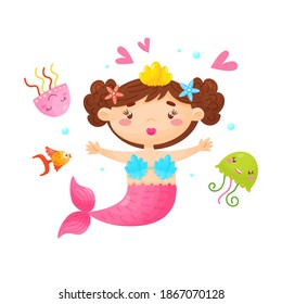 Cute little mermaid with fish and starfish. Simple illustration on an isolated background. Can be used as a design for office supplies, prints on clothes.