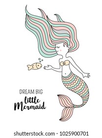 Cute little mermaid with fish. Under the sea vector illustration. Dream big little mermaid