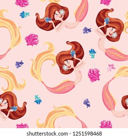 Cute little mermaid with fishes pattern design in pink background.