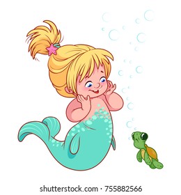 Cute little mermaid with funny turtle. Cartoon vector illustration.