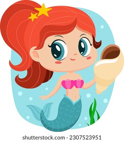Cute Little Mermaid Girl Cartoon Character Swims Underwater With Spiral Sea Shell. Vector Illustration Flat Design Isolated On Transparent Background