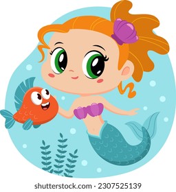 Cute Little Mermaid Girl Cartoon Character Swims Underwater With Fish. Vector Illustration Flat Design Isolated On Transparent Background