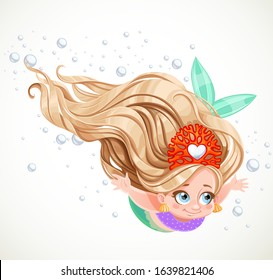 Cute little mermaid girl in coral tiara floating surrounded by air bubbles isolated on white background