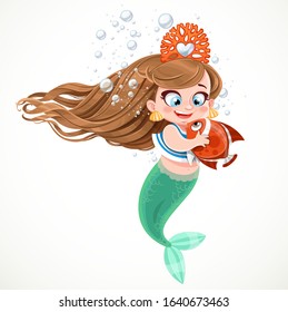 Cute little mermaid girl in coral tiara speaks with fish isolated on white background