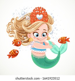 Cute little mermaid girl in coral tiara playing with her tail isolated on white background