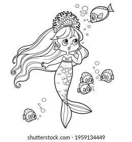 Cute little mermaid girl in coral tiara speaks with fish outlined for coloring page isolated on white background