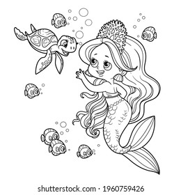 Cute little mermaid girl in coral tiara communicates with a small sea turtle outlined for coloring page isolated on white background