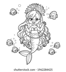 Cute little mermaid girl in coral tiara shows a long pearl necklace to a fish outlined for coloring page isolated on white background