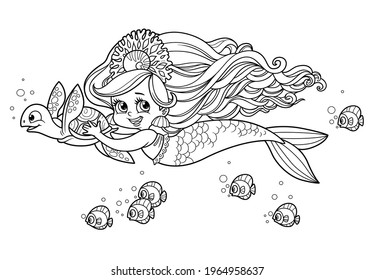 Cute little mermaid girl in coral tiara swims forward holding on to a sea turtle outlined for coloring page isolated on white background