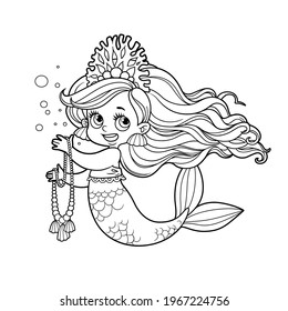 Cute little mermaid girl in coral tiara hold a long pearl necklace outlined for coloring page isolated on white background