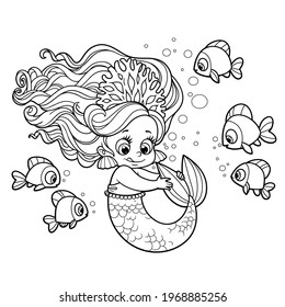 Cute little mermaid girl in coral tiara playing with her tail outlined for coloring page isolated on white background