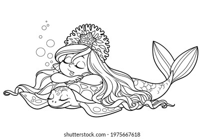 Cute little mermaid girl in coral tiara sleeping sweetly on the back of a sea turtle outlined for coloring page isolated on white background