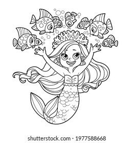 Cute little mermaid girl in coral tiara communicates with fish outlined for coloring page isolated on white background