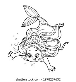 Cute little mermaid girl in coral tiara dives down outlined for coloring page isolated on white background