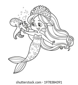 Cute little mermaid girl in coral tiara talks with a small octopus outlined for coloring page isolated on white background