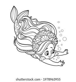Cute little mermaid girl in coral tiara dives outlined for coloring page isolated on white background