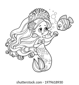 Cute little mermaid girl in coral tiara and the fish are eating a cupcake outlined for coloring page isolated on white background