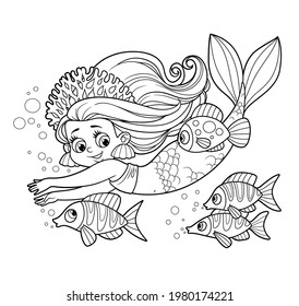 Cute little mermaid girl in coral tiara swims with fish outlined for coloring page isolated on white background