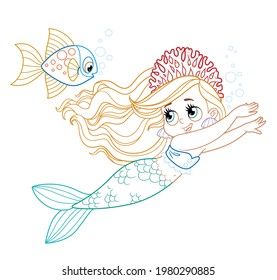 Cute little mermaid girl in coral tiara swims racing colored outlined for coloring page on a white background