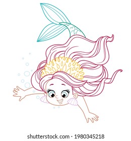 Cute little mermaid girl in coral tiara dives down colored outlined for coloring page on a white background