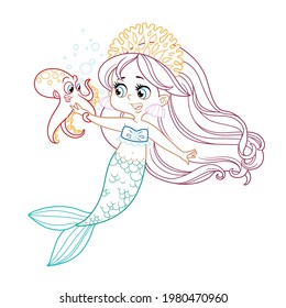 Cute little mermaid girl in coral tiara talks with a small octopus colored outlined for coloring page on a white background