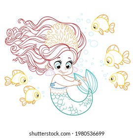 Cute little mermaid girl in coral tiara playing with her tail colored outlined for coloring page on a white background