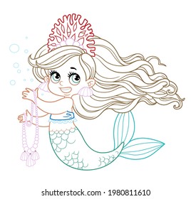 Cute little mermaid girl in coral tiara hold a long pearl necklace colored outlined for coloring page on a white background