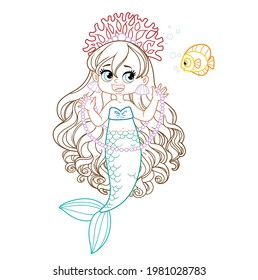 Cute little mermaid girl in coral tiara shows a long pearl necklace to a fis colored outlined for coloring page on a white background