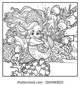 Cute little mermaid girl in coral tiara playing with her tail outlined for coloring page on seabed with corals and algae background