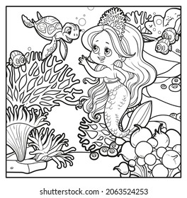 Cute little mermaid girl in coral tiara communicates with a small sea turtle outlined for coloring page on seabed with corals and algae background 