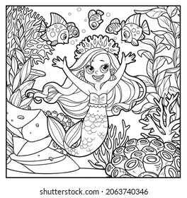 Cute little mermaid girl in coral tiara communicates with fish outlined for coloring page on seabed with corals and algae background