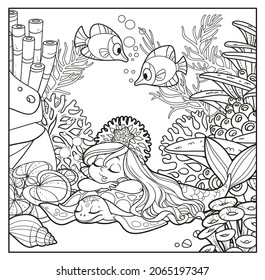 Cute little mermaid girl in coral tiara sleeping sweetly on the back of a sea turtle outlined for coloring page isolated on white background