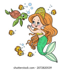 Cute little mermaid girl in coral tiara communicates with a small sea turtle color variation for coloring page