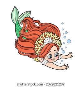 Cute little mermaid girl in coral tiara dives color variation for coloring page