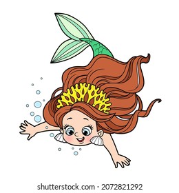 Cute little mermaid girl in coral tiara dives down color variation for coloring page