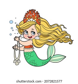 Cute little mermaid girl in coral tiara hold a long pearl necklace color variation for coloring page