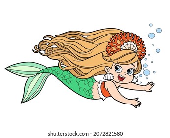 Cute little mermaid girl in coral tiara floats forward color variation for coloring page