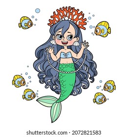 Cute little mermaid girl in coral tiara shows a long pearl necklace to a fish color variation for coloring page