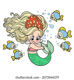 Cute little mermaid girl in coral tiara playing with her tail color variation for coloring page