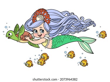 Cute little mermaid girl in coral tiara swims forward holding on to a sea turtle color variation for coloring page