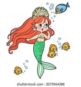 Cute little mermaid girl in coral tiara speaks with fish color variation for coloring page