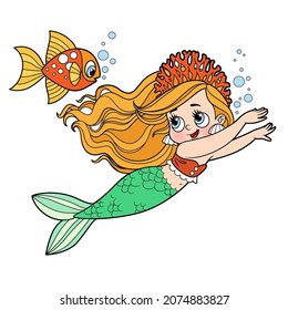 Cute little mermaid girl in coral tiara swims racing with a fish color variation for coloring page