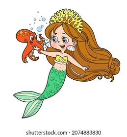 Cute little mermaid girl in coral tiara talks with a small octopus color variation for coloring page