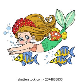 Cute little mermaid girl in coral tiara swims with fish color variation for coloring page