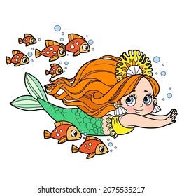 Pequeña sirena de coral tiara baño con una manada de color de pescado para página de coloración