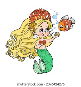 Cute little mermaid girl in coral tiara and the fish are eating a cupcakecolor variation for coloring page