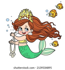 Cute little mermaid girl in coral tiara hold a long pearl necklace and speak with a fishes color variation for coloring page