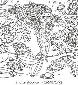 Cute little mermaid girl holds a pet fish on underwater world with corals, anemones, moray eels and ramp background outlined